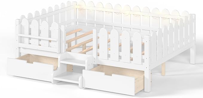 Bellemave Queen Kids Montessori Bed with Stairs, Bookshelf and LED Lights, Solid Wood Kids Bed Frame with Storage Drawers for Boys Girls, Low Profile,White