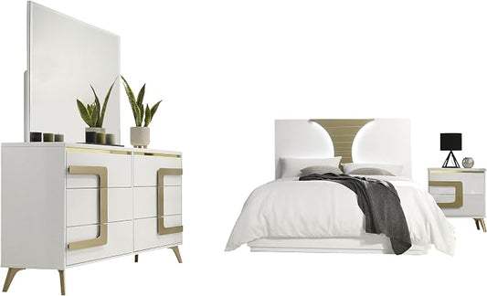Kings Brand Furniture Claire 4-Piece Modern & Stylish Bedroom Set in White/Gold Finish - Bed Frame with LED Headboard, Dresser, Mirror and Nightstand (Queen)