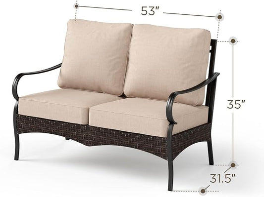 PHI VILLA Wicker & Metal Outdoor 2-Seat Patio Couch,Patio Sofa Loveseat with Deep Seating for Front Porch, Deck, Balcony, Backyard, Sunroom，Beige