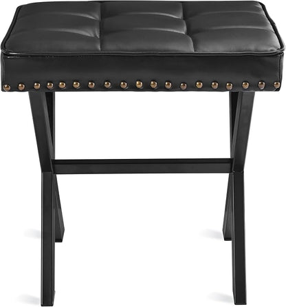 LUE BONA Vanity Stool - Square Faux Leather Makeup Seat With Metal X Legs, Small Ottoman Chair for Makeup Room, Living Room - Modern Padded Foot Rest, Black