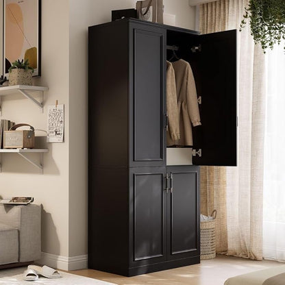 MEISSALIVVE Armoire Wardrobe Closet with 4 Door, 74.8" Large Wardrobe Cabinet with Hanging Rod, Freestanding Modern Bedroom Armoire Storage Cabinet, Black