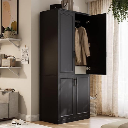 MEISSALIVVE Armoire Wardrobe Closet with 4 Door, 74.8" Large Wardrobe Cabinet with Hanging Rod, Freestanding Modern Bedroom Armoire Storage Cabinet, Black