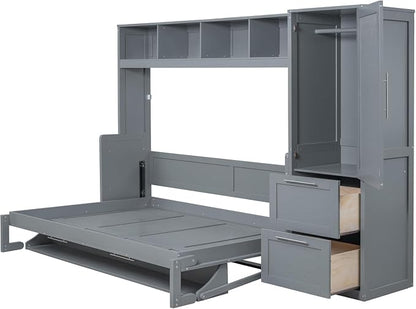 Virubi Full Horizontal Murphy Bed with Storage Wardrobe Closet,2 Drawer,4 Storage Shelves,Wood Folding Murphy Wall Bed Cabinet for Adult (Grey)