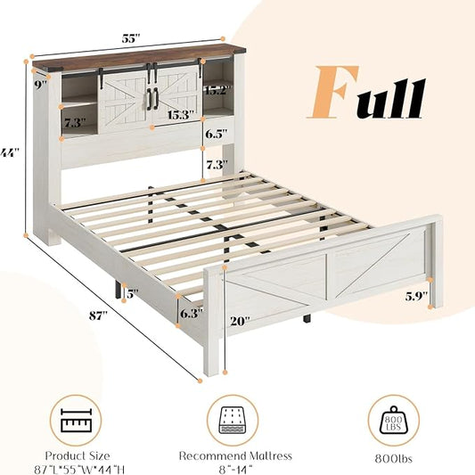 AMERLIFE 3-Piece Farmhouse Bedroom Set, Full Size Bed with Sliding Barn Doors & Bookcase Headboard, 5-Drawer Tall Dresser, 4-Drawer Wide Dresser, Antique White