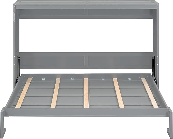 Merax Modern Farmhouse Solid Wood Murphy Bed Chest | Wall Bed with Wood Slat Support/ No Box Spring Needed/ Space Saving/ Queen,Gray