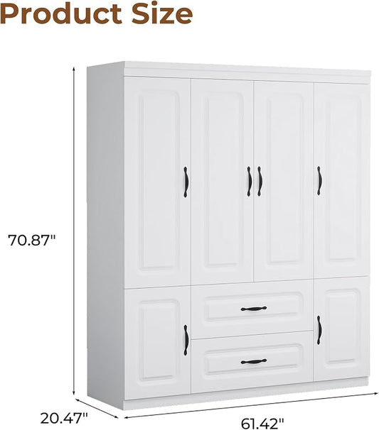 Armoire Wardrobe Closet with 2 Doors, White Cabinet with 2 Drawers and Clothes Storage Organizer, Modern Style with Hanging Rod Shleves Suitable for Bedroom(61.42" W x 20.47" D x 74" H)