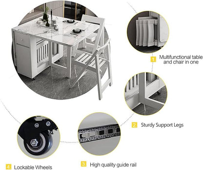 FUNROLUX Folding Dining Table with Rack and 2 Storage Drawers, Movable Extendable Space Saving Kitchen Table in 3 Forms (White)