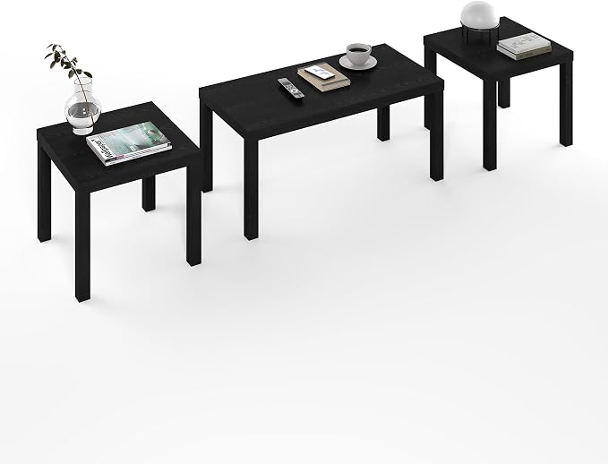 Furinno Classic Living Room Table Set of 3, Modern Rectangle Coffee Table with 2 Square Side Tables, End Tables, 1.8 Inch Thick Tabletop for Living Room, Home Office, Black