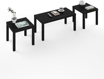 Furinno Classic Living Room Table Set of 3, Modern Rectangle Coffee Table with 2 Square Side Tables, End Tables, 1.8 Inch Thick Tabletop for Living Room, Home Office, Black
