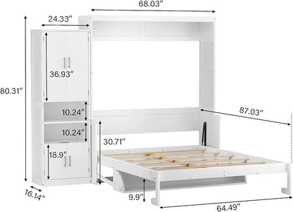 PVWIIK Queen Size Murphy Multifunctional Bed Frame with Desk & Storage Shelf & USB for Adult Boys Girls,Wall Bedframe Folding into Cabinet Design,White