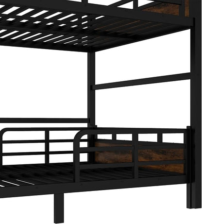 Queen Over Queen Metal Bunk Bed, Heavy Duty Convertible Bunk Bed Frame with Headboard & Full Guardrails, Can Be Split into Two Platform Beds or Loft Bed, Vintage