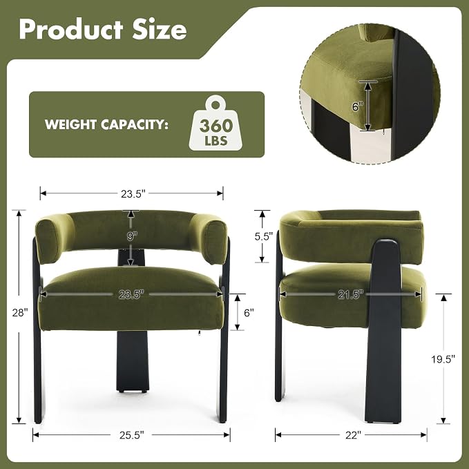 Hyfirm Modern Dining Chairs Set of 4, Upholstered Velvet Barrel Accent Chairs with Backrest & Arms, Wide and Thicker Padded Kitchen Side Chair with Wooden Legs for Dining Room, Livingroom, Dark Green