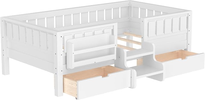Bellemave Twin Size Kids Montessori Bed with Stairs and Bookshelf,Solid Wood Twin Size Kids Bed Frame with Drawers and Storage for Girls Boys,Low-Profile,White