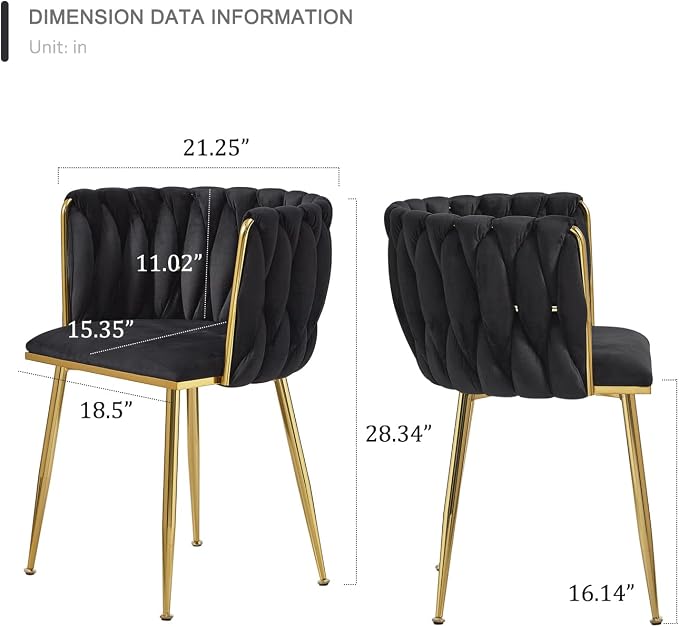 Black Velvet Dining Chairs Set of 2, Upholstered Dining Chairs with Golden Metal Legs, Modern Woven Dining Chair for Dining Room, Kitchen, Vanity, Living Room