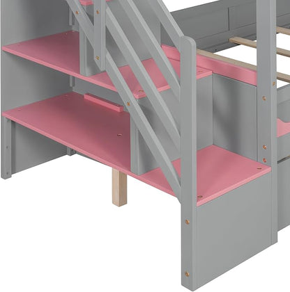 Virubi Twin House Bunk Bed with Stairs and Drawers,Wood Castle Bed with Storage Drawers Shelves& LED Lights (Twin Over Twin,Grey)