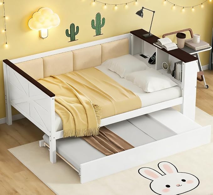 Bellemave Twin Size Corner Bed Frame with Storage Shelves and Trundle, Wood Twin Daybed with Bookcase and USB and Upholstered Backrest, White