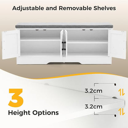 47" Shoe Bench, with Storage with Padded Seat Cushion, Modern 4-Door Shoe Cabinet with Adjustable Shelf for Entryway, Bedroom, Living Room, White