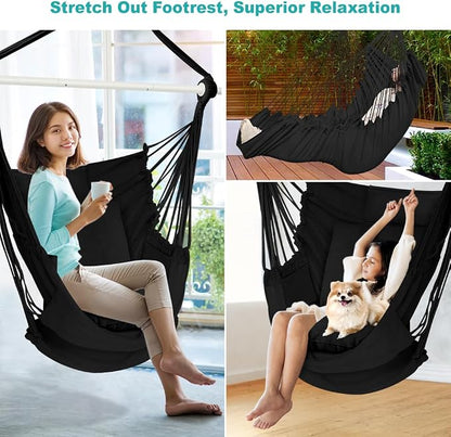 Outerman Hammock Chair, Hanging Chair with 3 Cushions and Foot Rest Support, Durable Metal Spreader Bar Max 500Lbs, Swing Chair for Bedroom, Indoor & Outdoor, Patio, Porch or Tree（Black）…