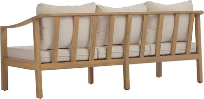 Merax 4 Piece All-Weather Acacia Wood Outdoor Furniture Set, 5-Seater | Patio 3-Seater Sofa, 2 Club Chairs with Coushions, 1 Coffee Table, Conversation Set for Backyard, Deck, Poolside, Teak+ Beige