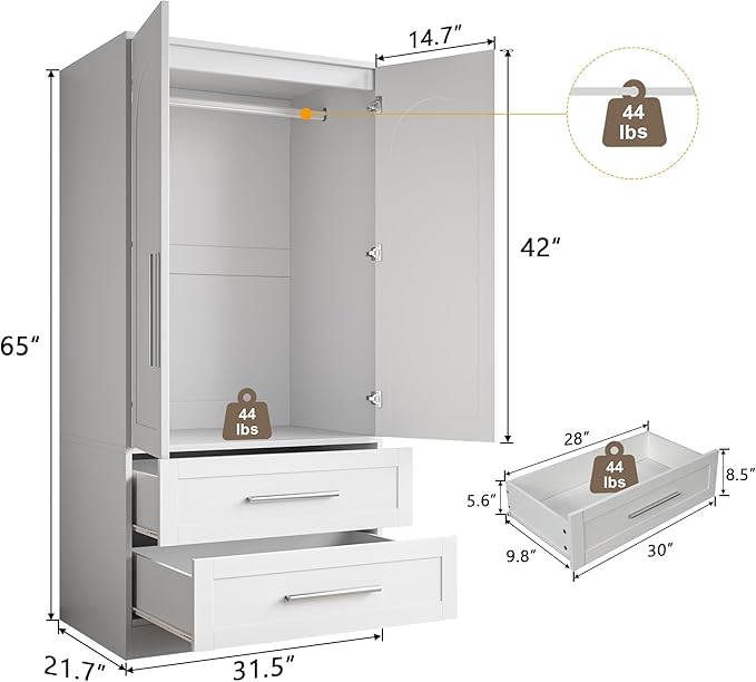 iPormis Armoire Wardrobe Closet with 2 Drawers, Modern Wooden Bedroom Armoire with Doors, Clothing Storage Cabinet with Aluminum Hanging Rod, Wardrobe Storage with Strong Door Closure, White
