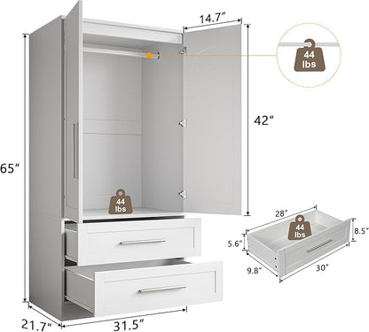iPormis Armoire Wardrobe Closet with 2 Drawers, Modern Wooden Bedroom Armoire with Doors, Clothing Storage Cabinet with Aluminum Hanging Rod, Wardrobe Storage with Strong Door Closure, White
