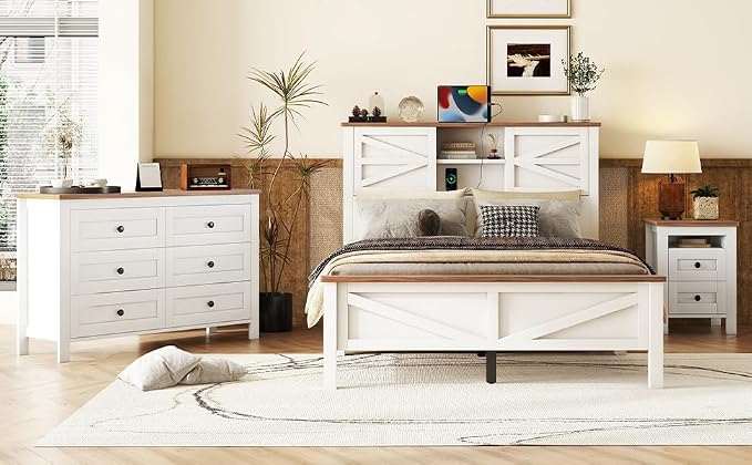3 Pieces Bedroom Furniture Set Full Size Bed Frame with Storage Headboard and Charging Station, Farmhouse Platform Bed Frames with Nightstand and Dresser, for Bedroom, Living Room (White, Full)