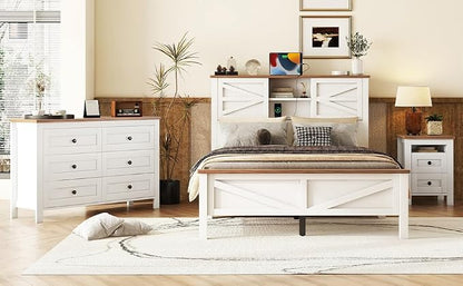 3 Pieces Bedroom Furniture Set Full Size Bed Frame with Storage Headboard and Charging Station, Farmhouse Platform Bed Frames with Nightstand and Dresser, for Bedroom, Living Room (White, Full)