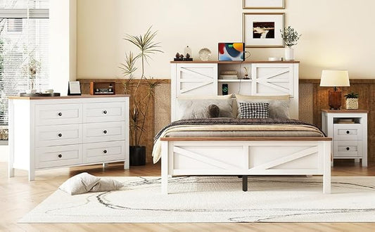 3 Pieces Bedroom Furniture Set Full Size Bed Frame with Storage Headboard and Charging Station, Farmhouse Platform Bed Frames with Nightstand and Dresser, for Bedroom, Living Room (White, Full)