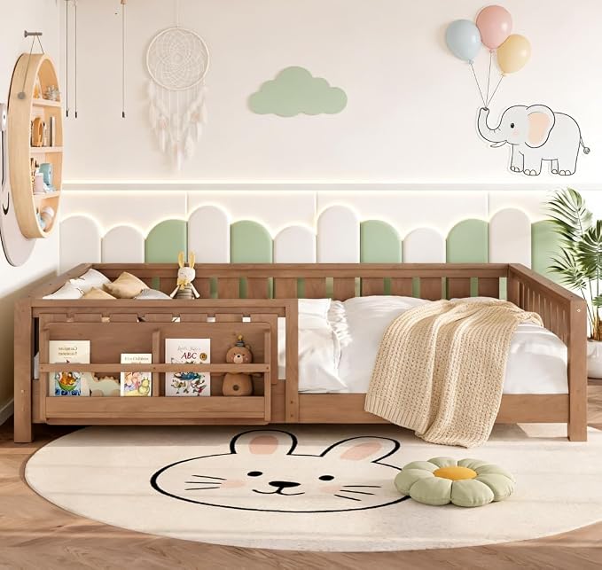 Bellemave Queen Size Floor Bed with high Rails and with Built-in Bookshelf for Kids, Girls, Boys, Wood Montessori Floor Bed Without Door, Natural