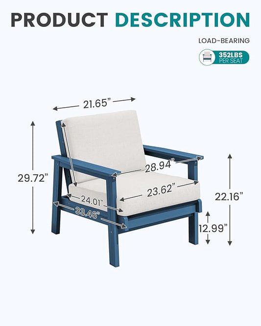 SERWALL HDPE Outdoor Couch Set of 2, Blue Frame and Khaki Cushion