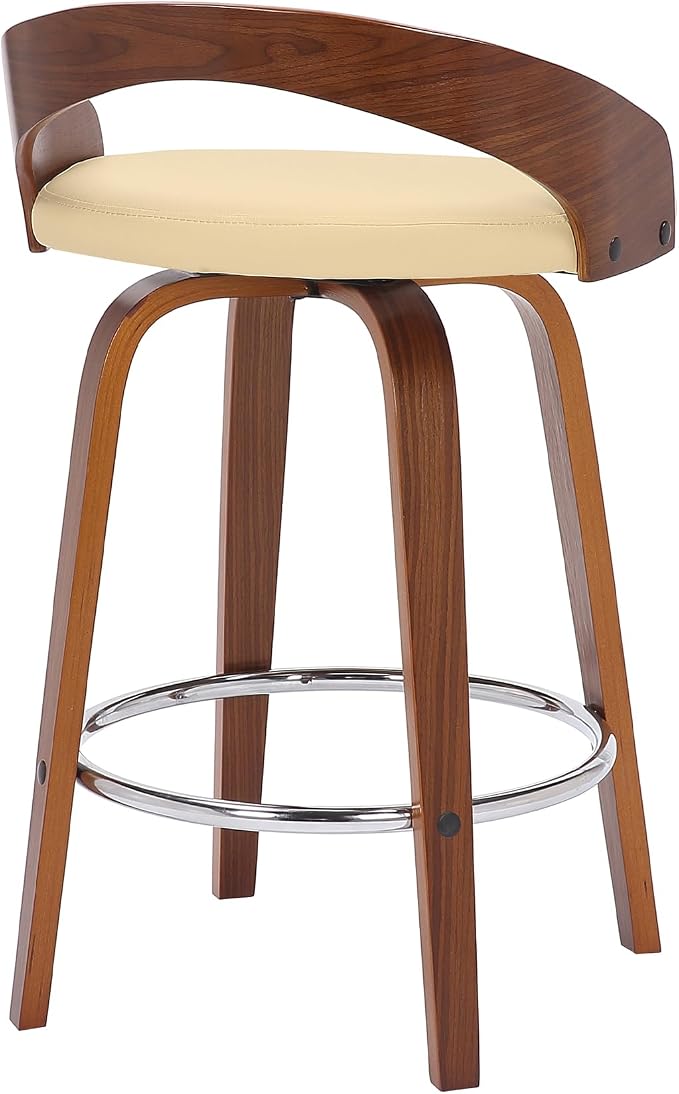 Armen Living Sonia 26" Counter Height Swivel Cream Faux Leather and Walnut Wood Bar Stool - Set of 3
