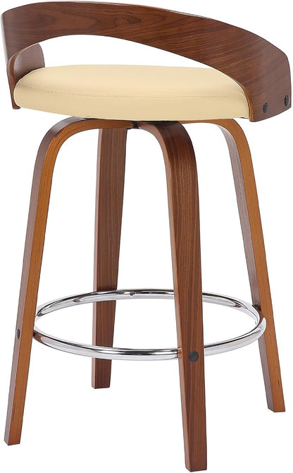 Armen Living Sonia 26" Counter Height Swivel Cream Faux Leather and Walnut Wood Bar Stool - Set of 3
