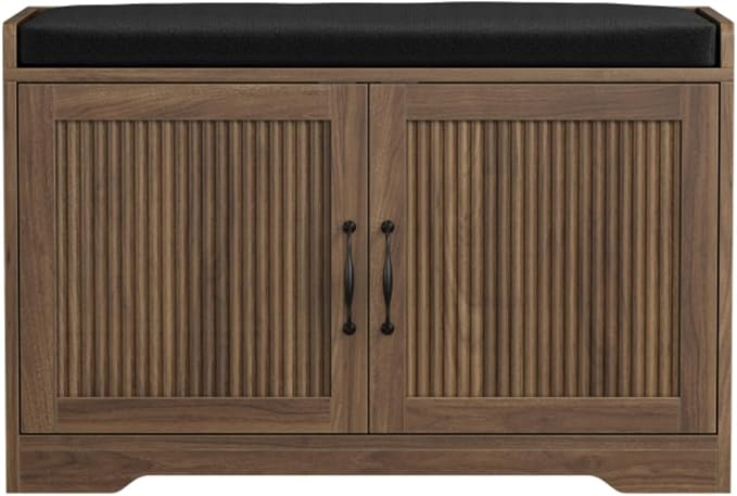 Entryway Shoe Storage Bench with Upholstered Seat, Double Door Cabinet, Adjustable Shelving, Slatted Front, Engineered Wood Organizer for Hallway, Foyer, Mudroom, Bedroom, Walk-In Closet (Walnut)