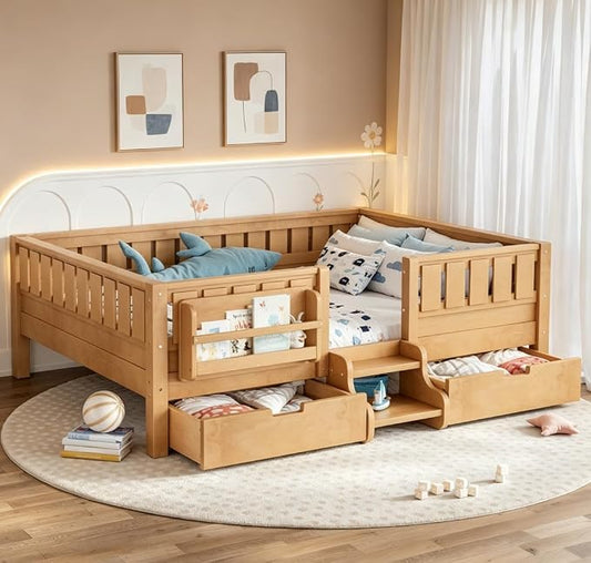 Bellemave Full Size Kids Bed with high Rails and with Built-in Bookshelf and Drawers for Kids, Girls, Boys, Wood Montessori Bed Without Door, Light Natural