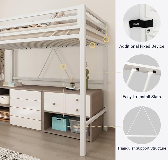 Allewie Metal Loft Bed Twin Size with Guardrail and Ladder,White | Small Space Saving Design for Bedroom Kid Room and Dorm, No Box Spring Needed
