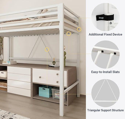 Allewie Metal Loft Bed Twin Size with Guardrail and Ladder,White | Small Space Saving Design for Bedroom Kid Room and Dorm, No Box Spring Needed