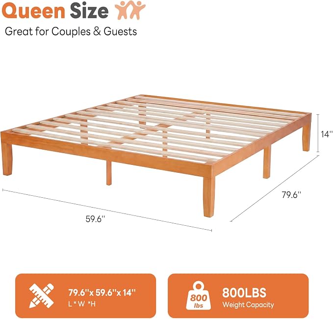 Sweetcrispy Queen Size Bed Frame 14 inch Heavy Duty Platform Bedframe, 1000 lbs Capacity, Underbed Storage, No Box Spring Needed, Wooden Slats, Easy Assembly with Velcro, Honey Finish