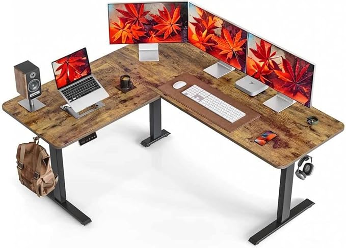Cubiker L Shaped Standing Desk, 63" Electric Height Adjustable Corner Standing Desk L Shape, Sit Stand Home Office Desk with Splice Board, Rustic Brown Top