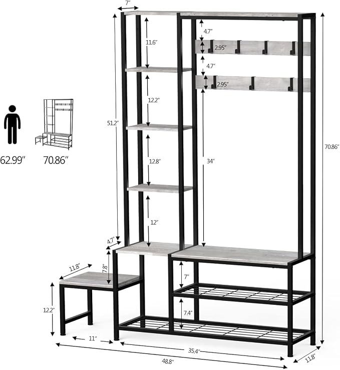 Espelism Hall Tree with Shoe Storage Bench Coat Rack with 7 Hooks Interchangeable 4 Tier Side Storage Shelves Small Cute Side Bench Industrial 5-in-1 Entryway Coat Rack for Hallway Mudroom Bedroom