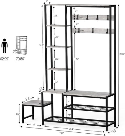 Espelism Hall Tree with Shoe Storage Bench Coat Rack with 7 Hooks Interchangeable 4 Tier Side Storage Shelves Small Cute Side Bench Industrial 5-in-1 Entryway Coat Rack for Hallway Mudroom Bedroom