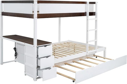 Ball & Cast Full-Over-Full Bunk Bed with Twin Size Trundle,Solid Wood Bedframe W/Desk & Drawers,USB,Space Saving,Easy Assembly,Multifunctional Bedroom Furniture Set for Boys Girls Teens,White+Walnut