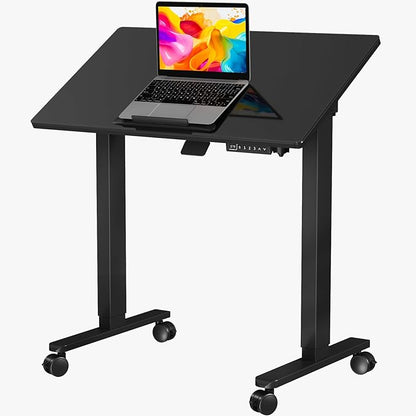 35" Black Glass Standing Desk, 90° Tilt Drafting Table on Wheels | Electric Height Adjustable Foldable One-piece Art Rising Desk, Small Mobile Sit Stand Laptop Cart with 4 Lockable Casters
