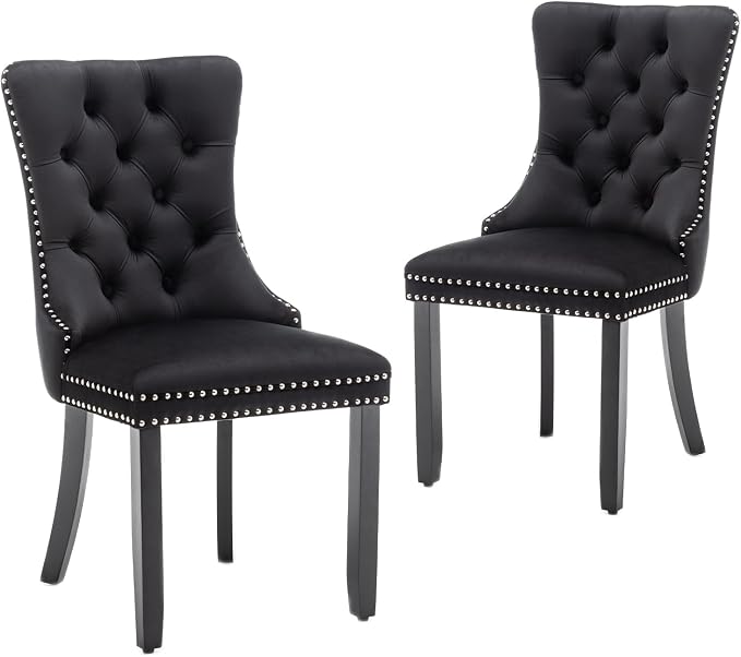Hixkol Velvet Dining Chairs Set of 2,Upholstered Dining Chairs with Ring Pull Trim and Button Back,Modern Seating for Kitchen, Bedroom & Living Room(Black)