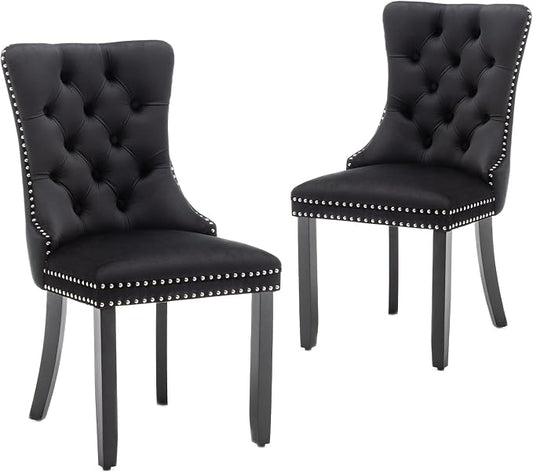 Hixkol Velvet Dining Chairs Set of 2,Upholstered Dining Chairs with Ring Pull Trim and Button Back,Modern Seating for Kitchen, Bedroom & Living Room(Black)