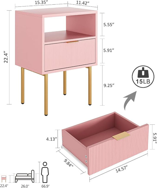 Masupu Nightstand with Charging Station,Mid-Century Modern Bedside Table with Storage Drawer and Open Wood Shelf,Small Gold Frame Side Table for Bedroom,Living Room (Pink)