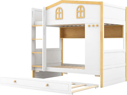 Merax Twin Over Twin Size House Bunk Bed with Storage Shelves & Pull-Out Trundle, Solid Wood Space-Saving Loft Bed Frame with Safety Guardrails for Bedroom, White+Natural