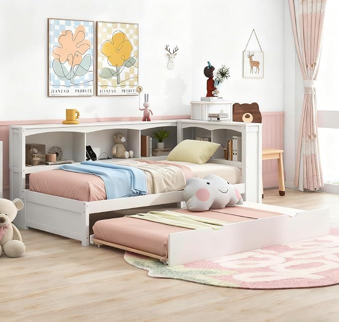 Bellemave Twin Corner Bed Frame with Trundle and USB Ports, Wood Twin Daybed with L-Shaped Bookcase，Daybed with Storage Cabinets, White