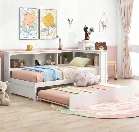 Bellemave Twin Corner Bed Frame with Trundle and USB Ports, Wood Twin Daybed with L-Shaped Bookcase，Daybed with Storage Cabinets, White