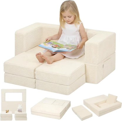 MeMoreCool Modular Kids Couch, Corduroy Play Toddler Couch for Bedroom Playroom Furniture, Convertible Foam Kids Sofa Bed, Fold Out Baby Sofa for Girl Boy, Beige