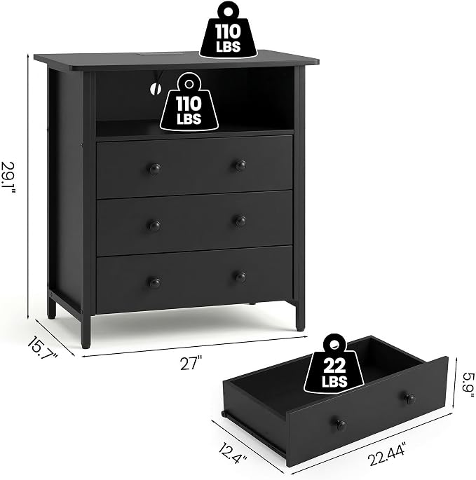 27" LED Nightstand Set 2 with Charging Station & 3 Drawers, Black | Solid Wood and Steel Frame, 2 AC Outlets, 2 USB Ports, RGB App Control, Open Storage, Adjustable Feet, for Bedroom or Office